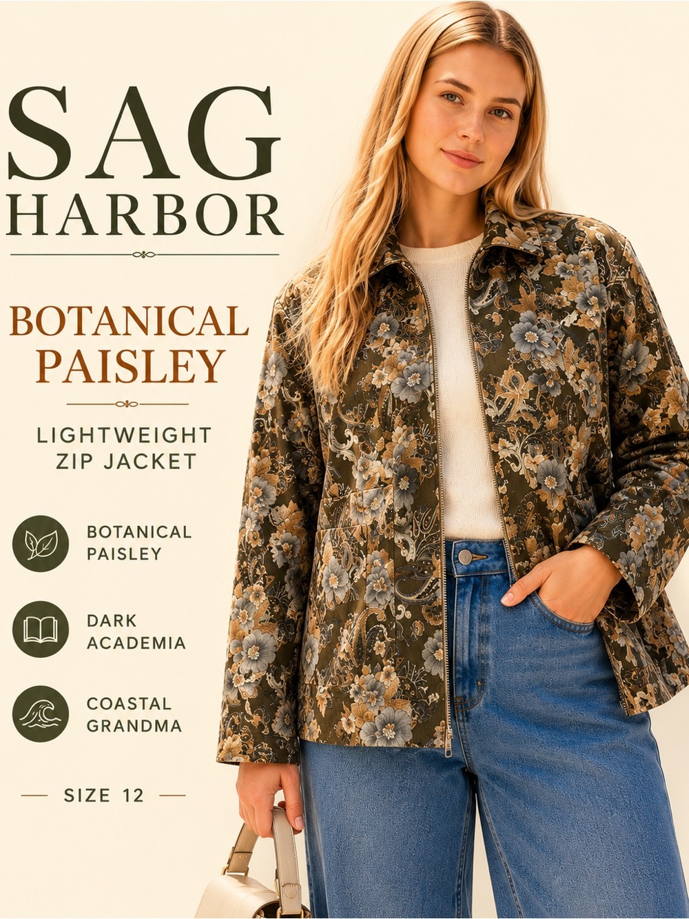 Sag Harbor Olive Botanical Paisley Zip Jacket Coastal Grandma Dark Academia